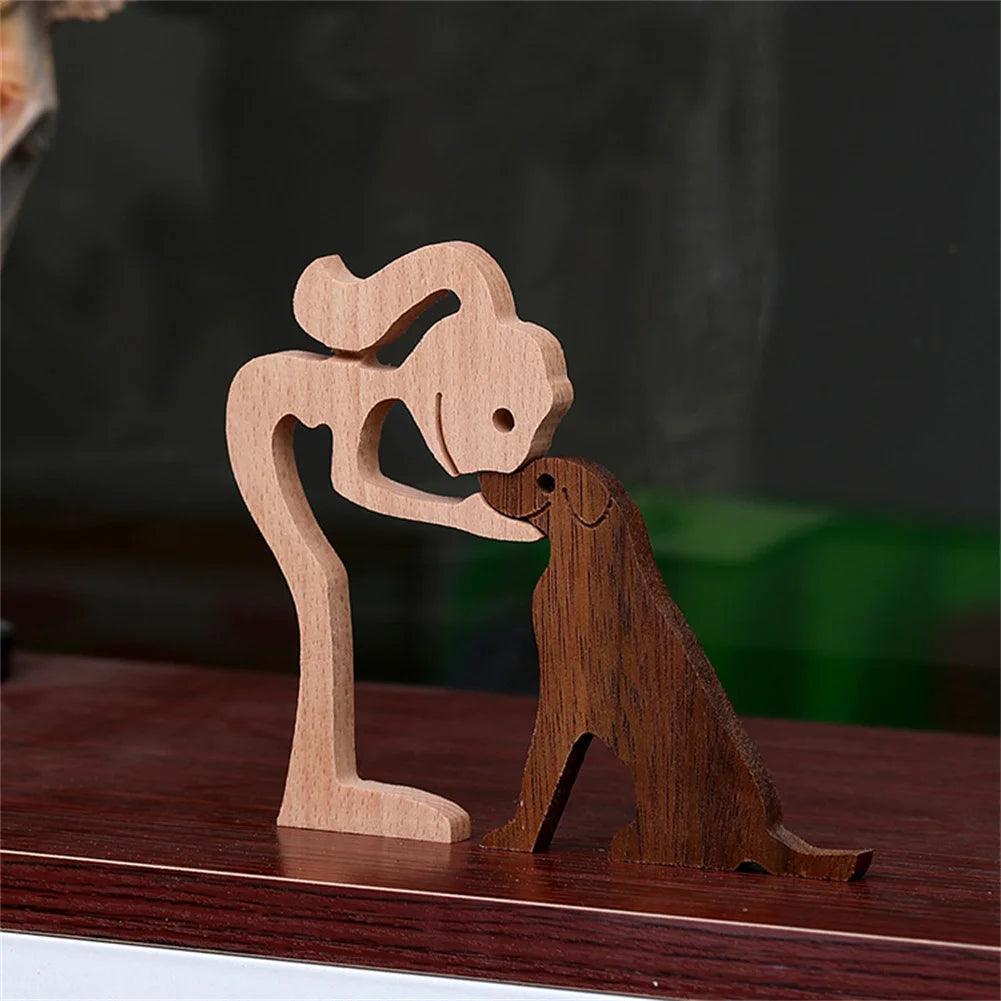 Houten Puppy's Familie Beeldje - Hondenfiguur Tafeldecoratie, Handgemaakte Houtsnijwerk Model voor Thuis & Kantoor, Perfect Kerstcadeau