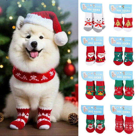 Set da 4 calzini antiscivolo per cani – Serie natalizia con stampa di Babbo Natale – Protettore per zampe carino per cuccioli