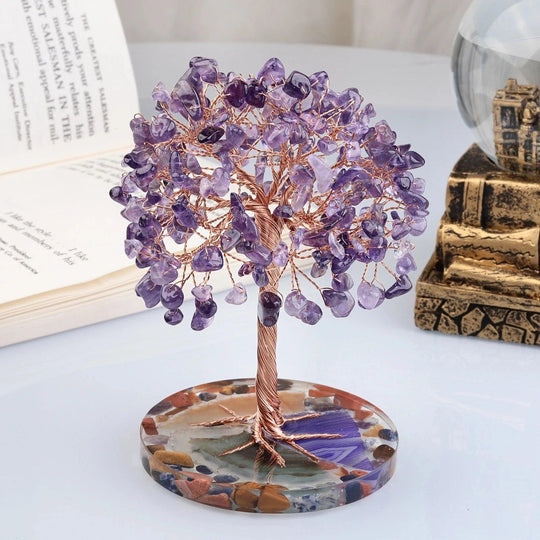 Super Mini Albero della Fortuna di Cristallo - Avvolto con Filo di Rame, Base in Agata, Pietra Guaritrice Albero Yoga Feng Shui per Decorazione della Casa