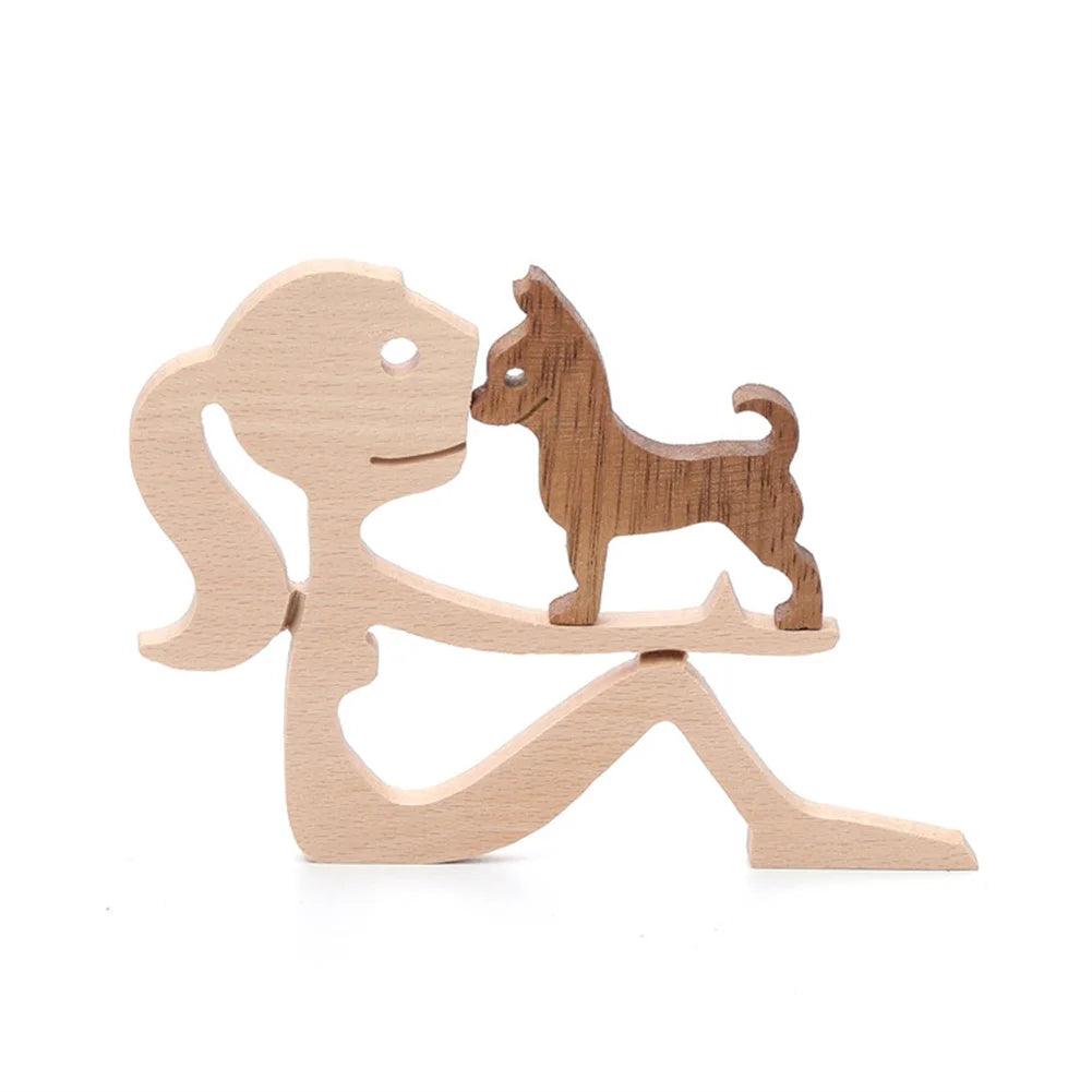 Houten Puppy's Familie Beeldje - Hondenfiguur Tafeldecoratie, Handgemaakte Houtsnijwerk Model voor Thuis & Kantoor, Perfect Kerstcadeau