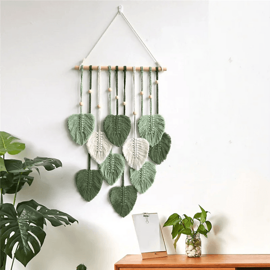 Tappeto da parete in macramè a foglia - Decorazione da camera boho, arazzo da parete tessuto estetico per casa, camera e decorazione per matrimoni in verde