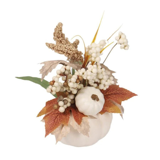 Ornamenti di zucca autunnale con fiori artificiali Decorazione per la casa