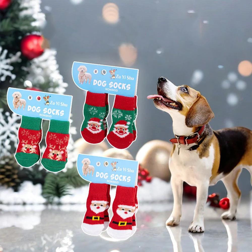 Set da 4 calzini antiscivolo per cani – Serie natalizia con stampa di Babbo Natale – Protettore per zampe carino per cuccioli