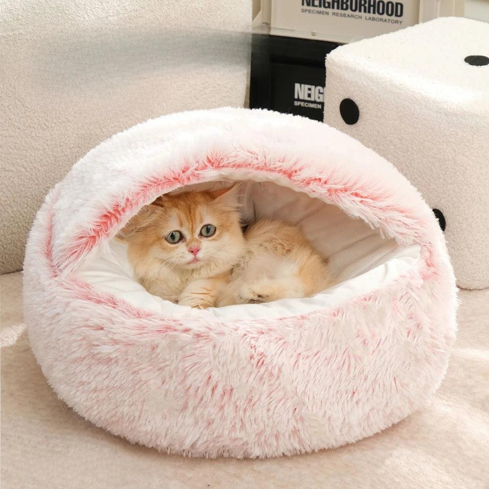 Cuscino Rotondo per Gatti – Letto per Animali 2-in-1 Semi-Chiuso in Morbido Peluche per Gatti e Cani Piccoli