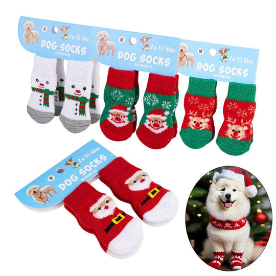 Set da 4 calzini antiscivolo per cani – Serie natalizia con stampa di Babbo Natale – Protettore per zampe carino per cuccioli