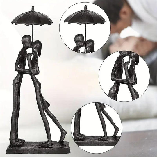Elegante uccellini innamorati in metallo nero con statua di ombrello