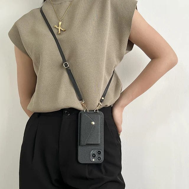 Leren Crossbody Telefoonhoesje met Sleutelkoord en Kaarthouder