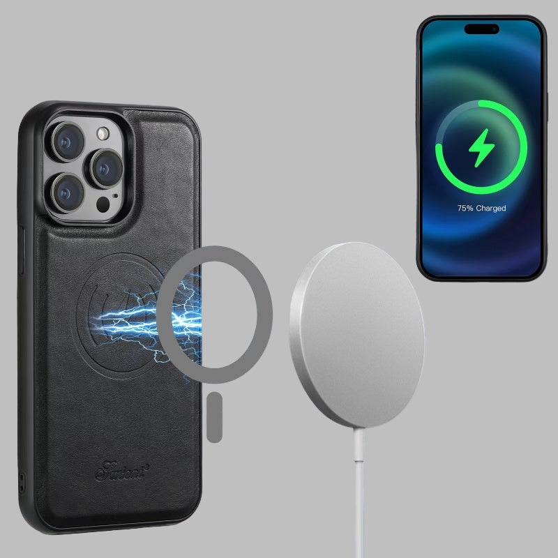 Leren etui voor Iphone met kaartsleuf: Magsafe, draadloos opladen (compatibel met Magsafe)
