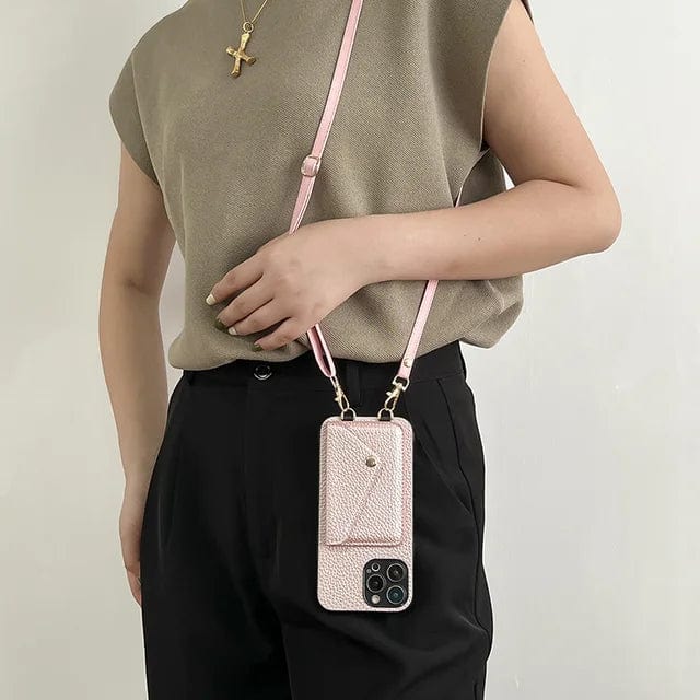Leren Crossbody Telefoonhoesje met Sleutelkoord en Kaarthouder